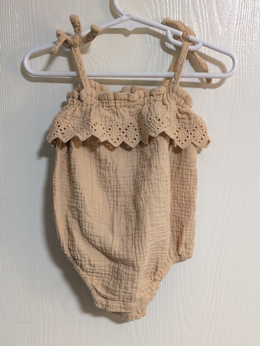 Rylee & Cru Beige Cotton Romper with Eyelet Trim